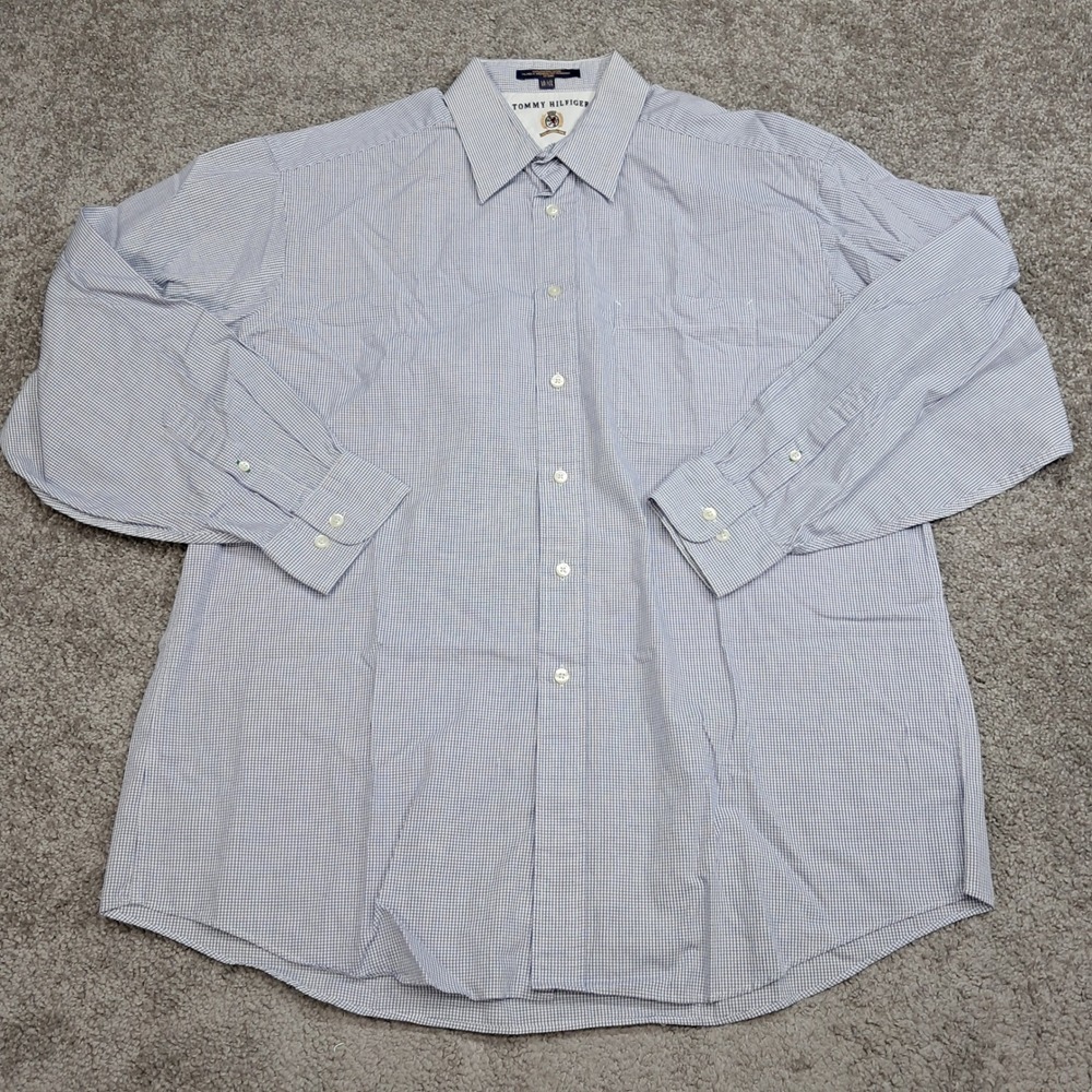 Tommy‎ Hilfiger Mens Blue White Micro Check Cotton Button Down Shirt 16.5 34-35